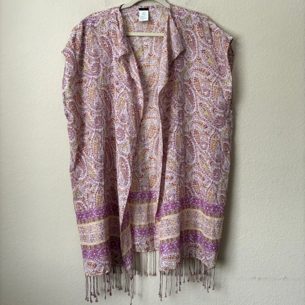J. Crew Linen Blend Boho Paisley Printed Fringe Trim Beach Poncho Swim Cover Up